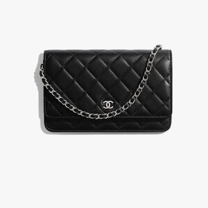 CHANEL Black Quilted Clutch with Silver Chain